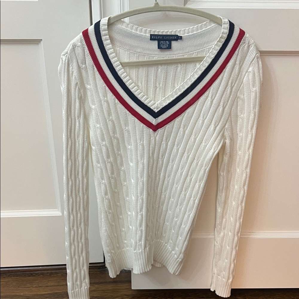 Ralph Lauren Women's V-Neck Sweater in White with Red and Blue Trim